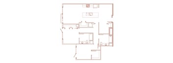A red outline drawing of a house with multiple rooms.