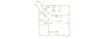 A red outline drawing of a house with a kitchen, living room, and bathroom.
