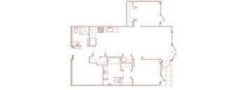 A red outline drawing of a house with a kitchen, living room, and bathroom.