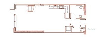 A floor plan of a house with a kitchen, living room, and two bedrooms.