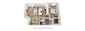 A top-down view of a modern apartment layout with a kitchen, living room, and bathroom.