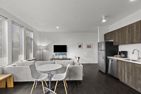 a living room with a couch and a table