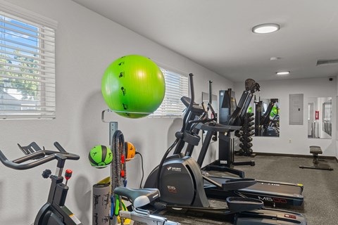 Oasis at 2600 Community Room with seating, coffee table, tv and entertainment centerGym