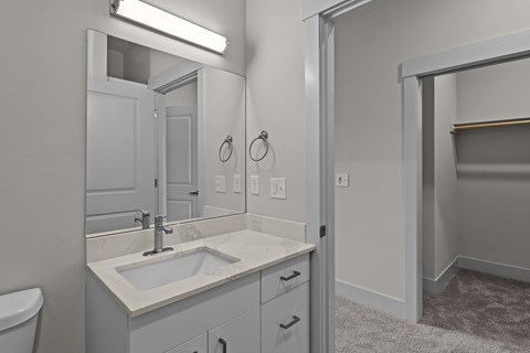 A bathroom with a sink, mirror, and toilet.