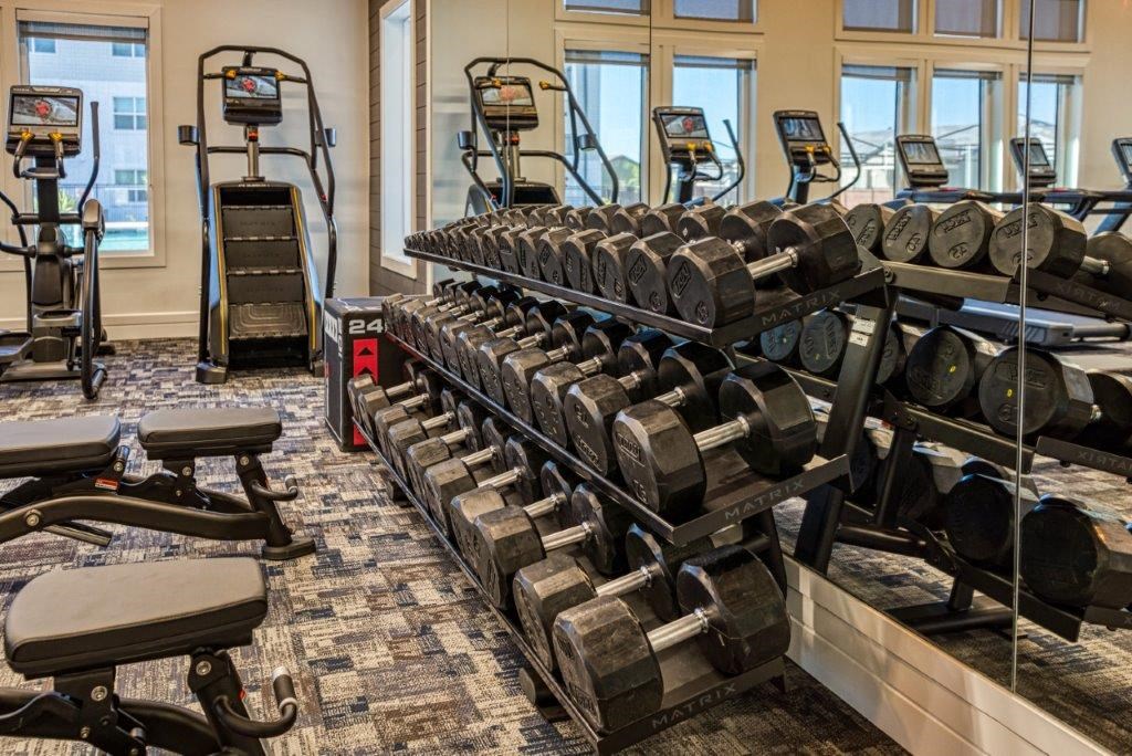 a gym with weights and cardio equipment in a building