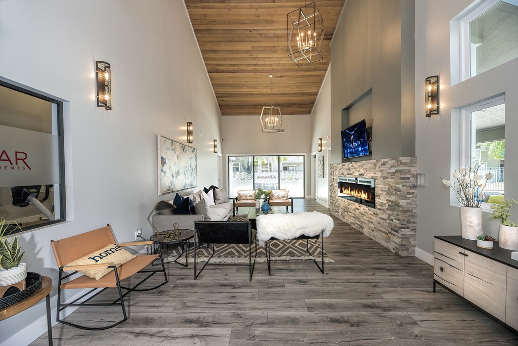 The Alexandar Apartments Clubhouse Seating and Fireplace