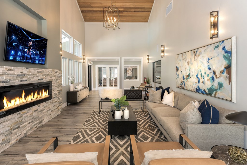 The Alexandar Apartments Clubhouse Seating and Fireplace