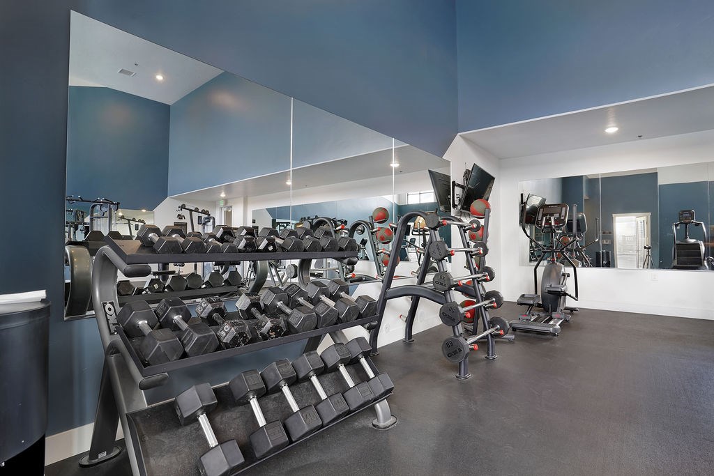 Alvera at the Meadows  gym with a variety of equipment including treadmills, weights, and exercise machines.