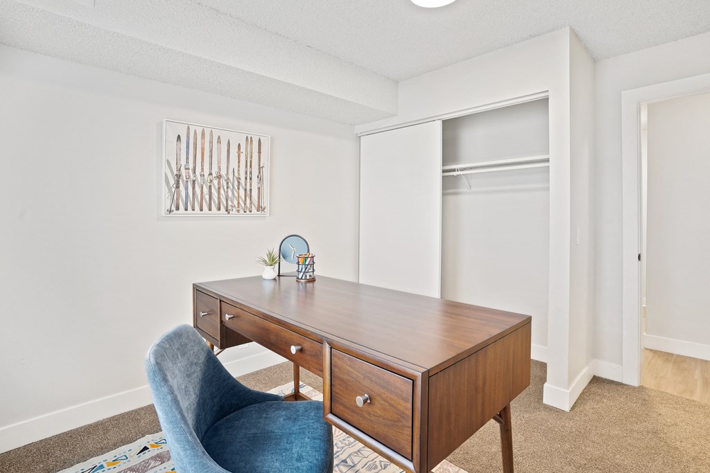 a bedroom with a desk and a chair and a closet