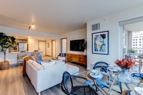 a living room with a couch and a table