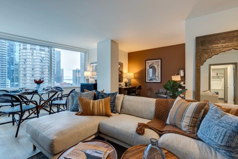 a living room with a couch and a table