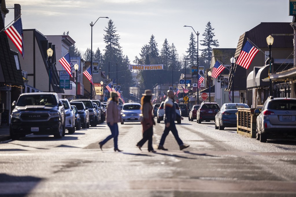 Two people walking down a street with American flags on the side.
