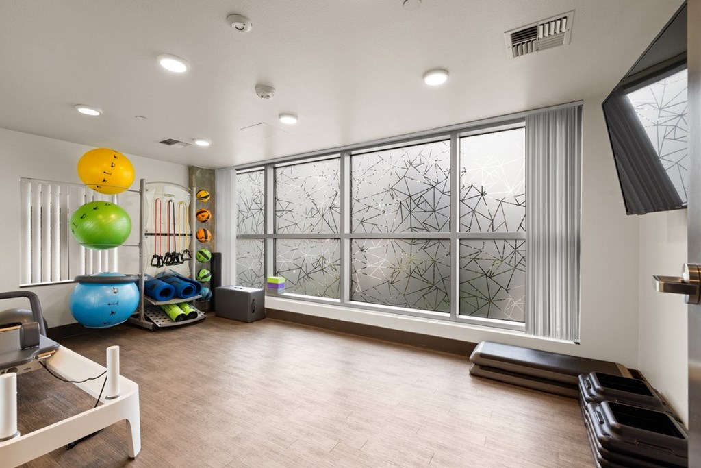 A room with a large window, a yoga mat, and exercise balls.