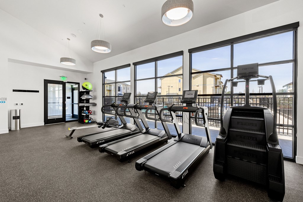 A gym with treadmills and elliptical machines.