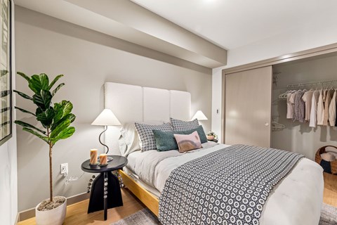 A bedroom with a large bed and a potted plant.