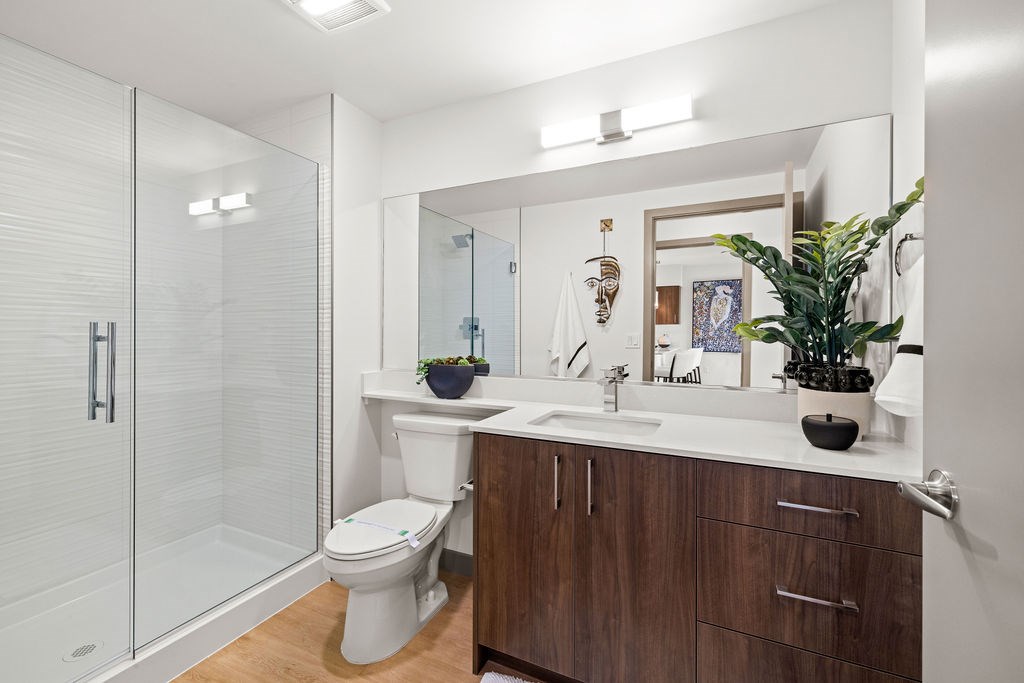 A modern bathroom with a white toilet and a wooden cabinet.
