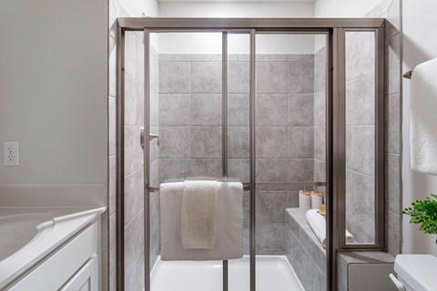 A bathroom with a walk-in shower and a white bathtub.