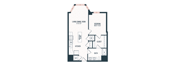 A floor plan of a small apartment with a living room, dining room, kitchen, bedroom, bathroom, and moveable island.