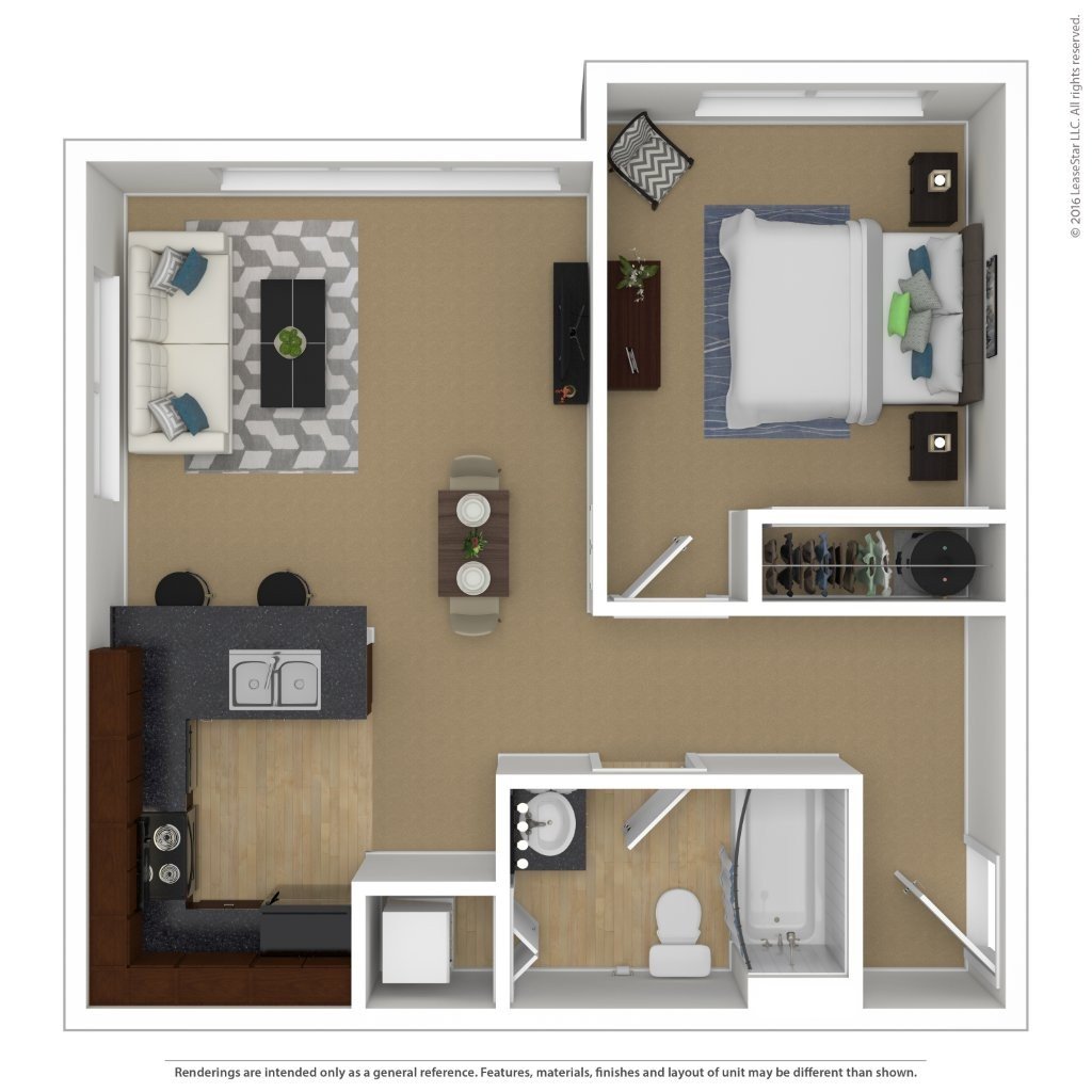 A floor plan of a small apartment with a kitchen, living room, and bathroom.