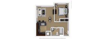 A floor plan of a small apartment with a kitchen, living room, and bathroom.