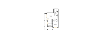 A floor plan of a house with a living room, kitchen, bedroom and bathroom.