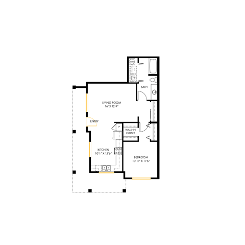 A floor plan of a house with a living room, kitchen, bedroom and bathroom.