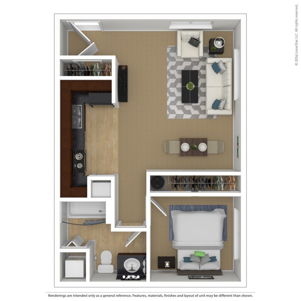 A floor plan of a small apartment with a kitchen, living room, and bedroom.