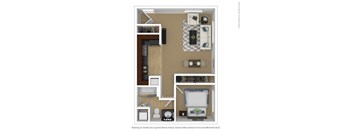 A floor plan of a small apartment with a kitchen, living room, and bedroom.