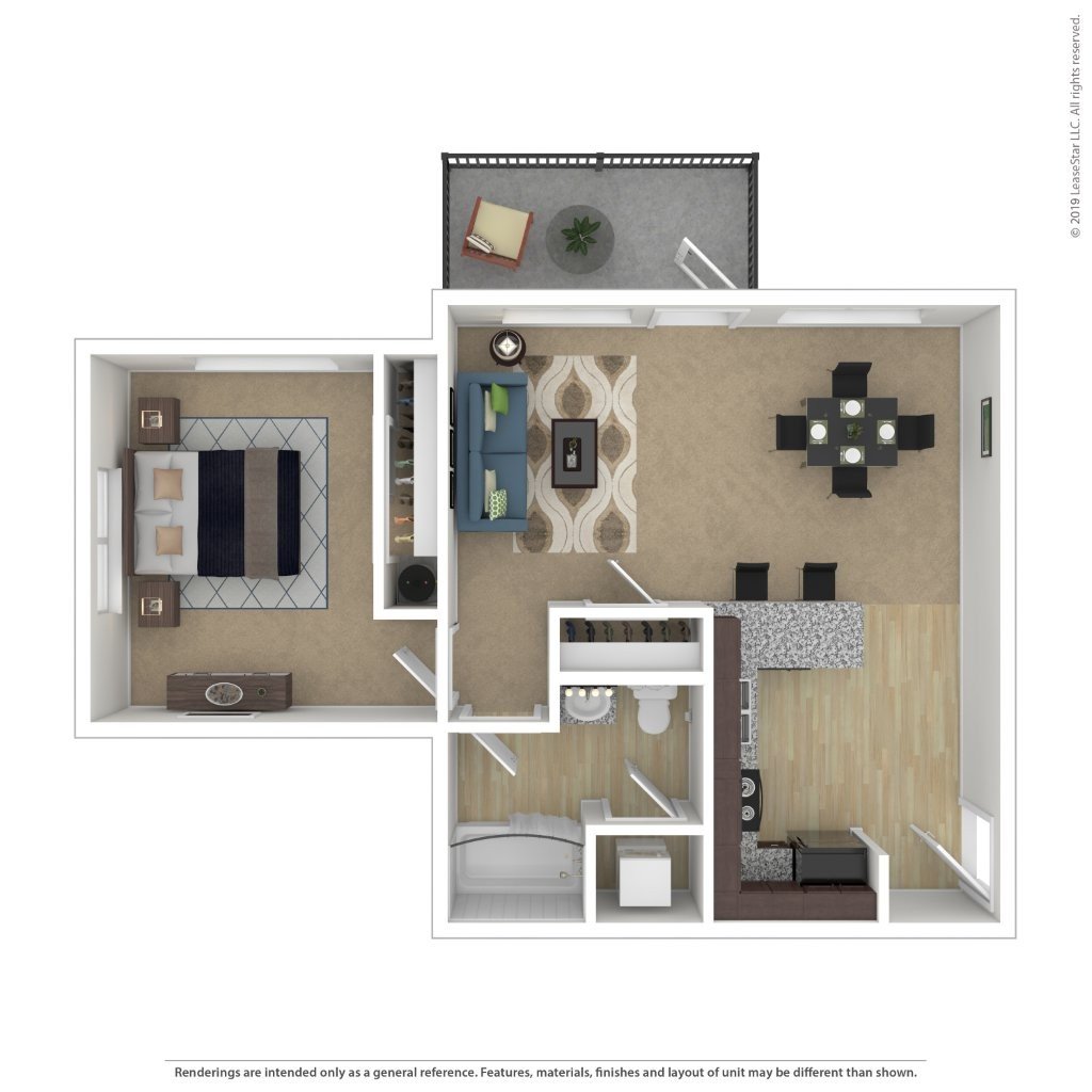 A floor plan of a small apartment with a kitchen, living room, and bathroom.