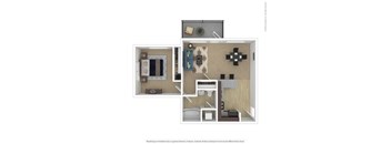 A floor plan of a small apartment with a kitchen, living room, and bathroom.