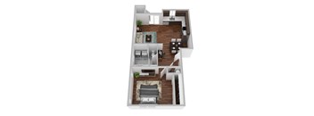 A 3D floor plan of a house with a living room, kitchen, and two bedrooms.
