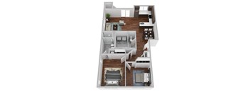 A 3D floor plan of a house with a kitchen, living room, dining room, and bedrooms.