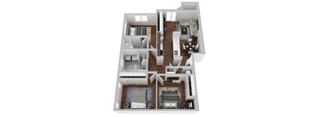 A 3D floor plan of a house with multiple rooms.