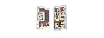 A split image of a house with a kitchen and living room on the right and a bedroom and bathroom on the left.