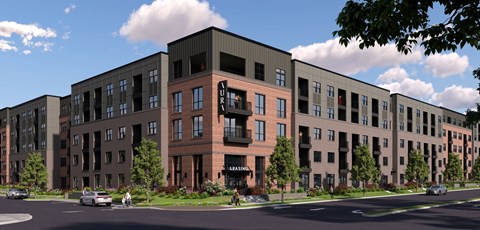 A modern apartment complex with brick and panel buildings.