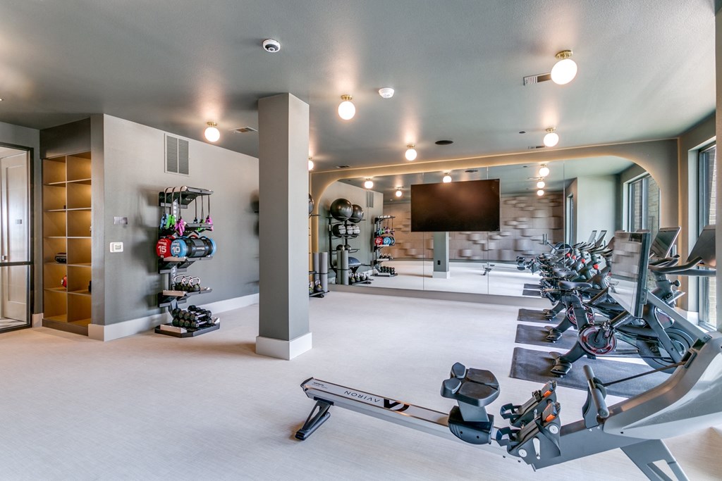 a gym with weights and a tv on the wall