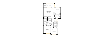 A floor plan of a house with a living room, dining room, kitchen, two bathrooms, and two bedrooms.