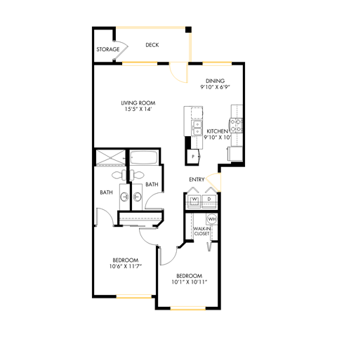 A floor plan of a house with a living room, dining room, kitchen, two bathrooms, and two bedrooms.