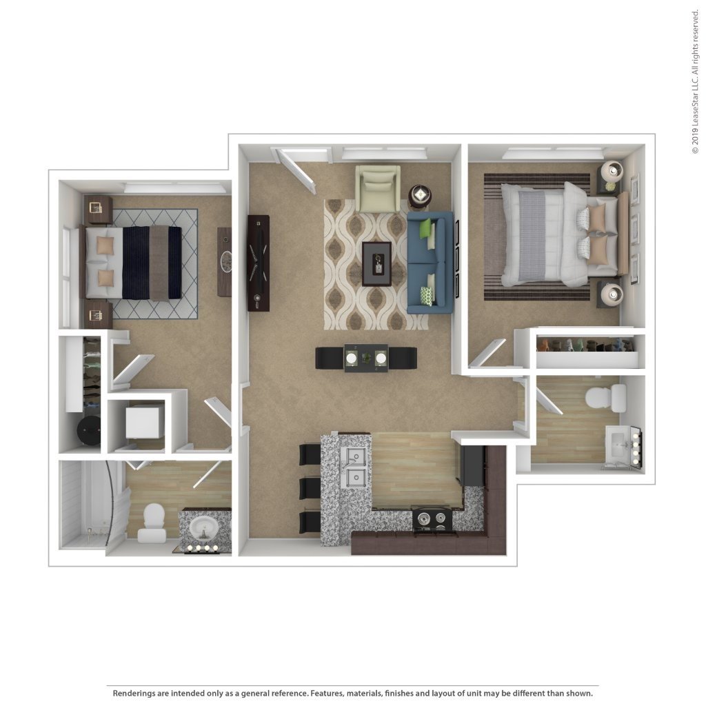 A floor plan of a small apartment with a kitchen, living room, and two bedrooms.
