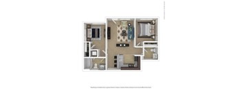 A floor plan of a small apartment with a kitchen, living room, and two bedrooms.