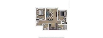 A 3D floor plan of a house layout.