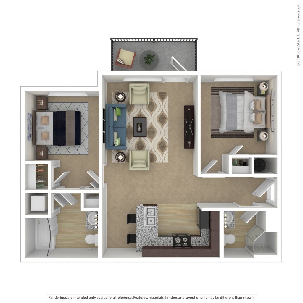 A 3D rendered image of a floor plan of an apartment.