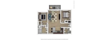 A 3D rendered image of a floor plan of an apartment.