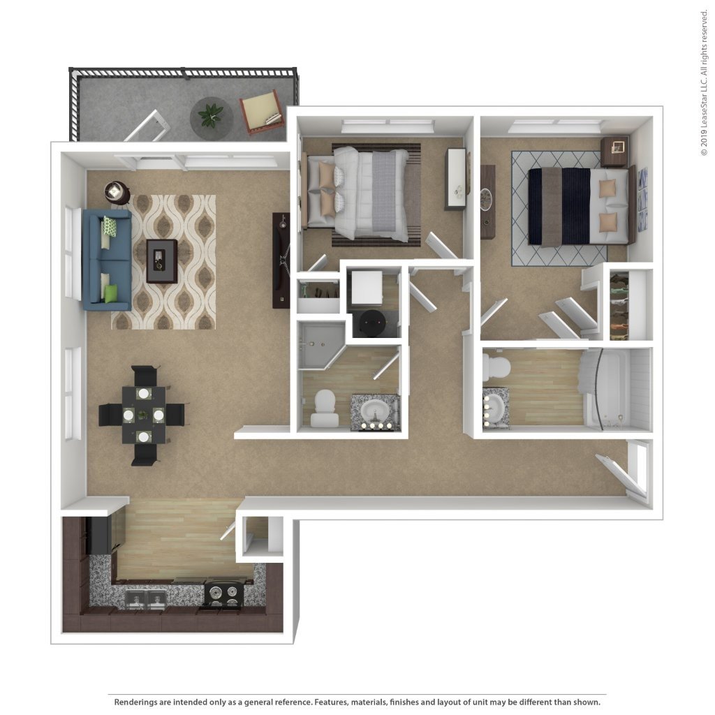 A floor plan of a small apartment with a kitchen, living room, and bedroom.
