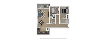 A floor plan of a small apartment with a kitchen, living room, and bedroom.