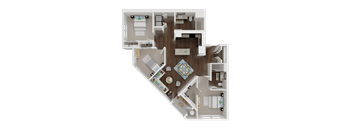 A detailed 3D floor plan of a house layout.