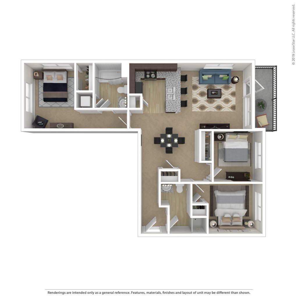 A floor plan of a small apartment with a kitchen, living room, and bedrooms.