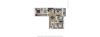 A floor plan of a small apartment with a kitchen, living room, and bedrooms.