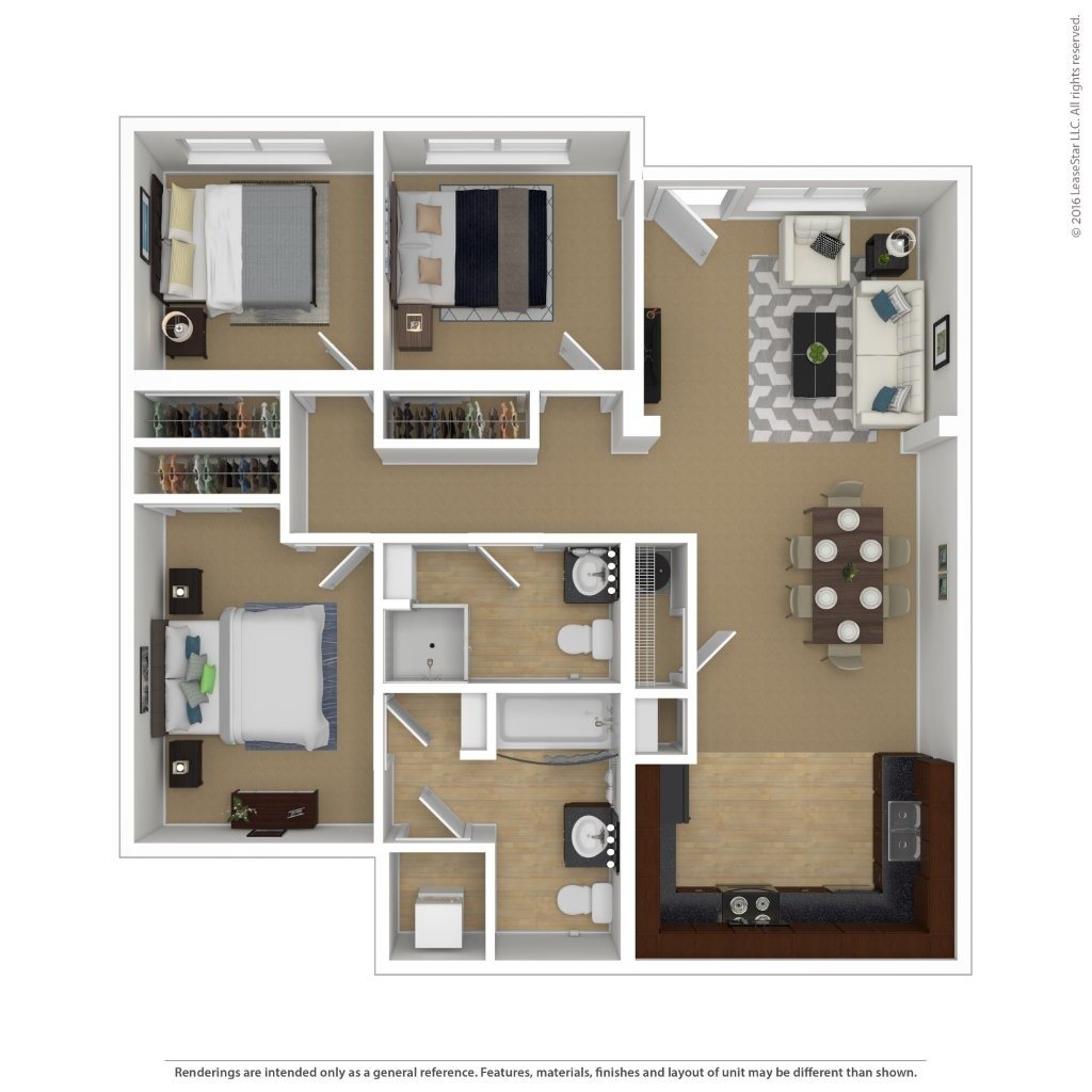 A floor plan of a small apartment with a kitchen, living room, and two bedrooms.