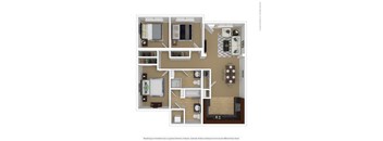 A floor plan of a small apartment with a kitchen, living room, and two bedrooms.